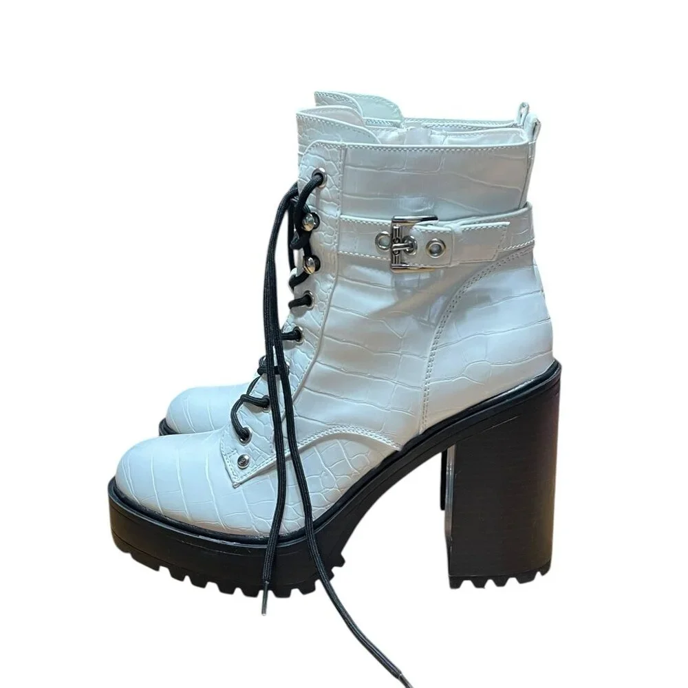 CBG Los Angeles White Croc-Embossed Lace-Up Platform Boots 10M Faux‎ Leather